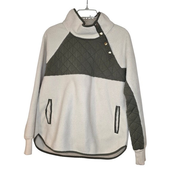 Abercrombie & Fitch Tops - Abercrombie & Fitch Womens Fleece Pullover Cream Olive Quilted Snap Neck Medium